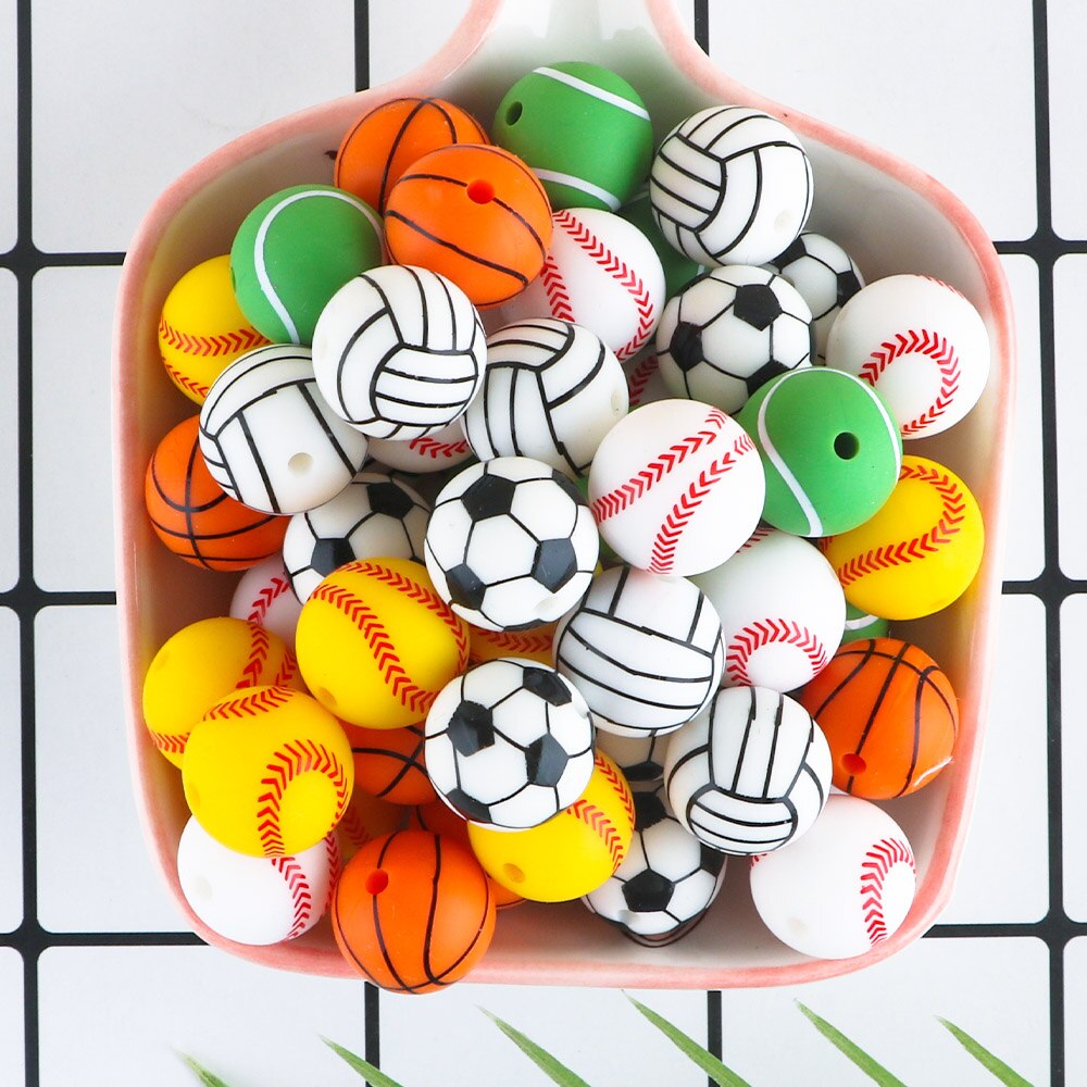 20Pcs/Lot New Printed Silicone Beads 15mm Baseball Tennis Basketball Beads For Jewelry Making DIY Necklace Jewelry Accessorie