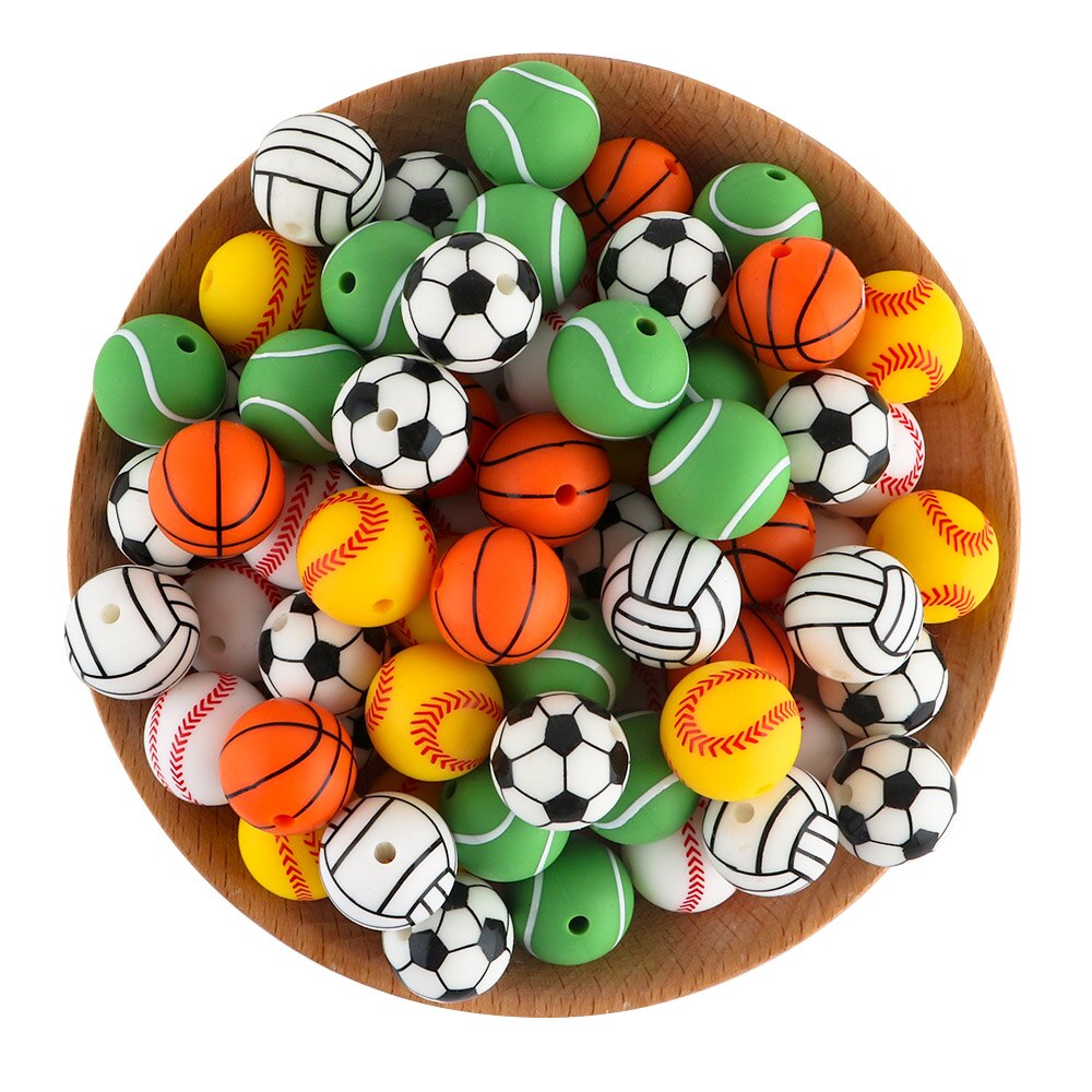 20Pcs/Lot New Printed Silicone Beads 15mm Baseball Tennis Basketball Beads For Jewelry Making DIY Necklace Jewelry Accessorie
