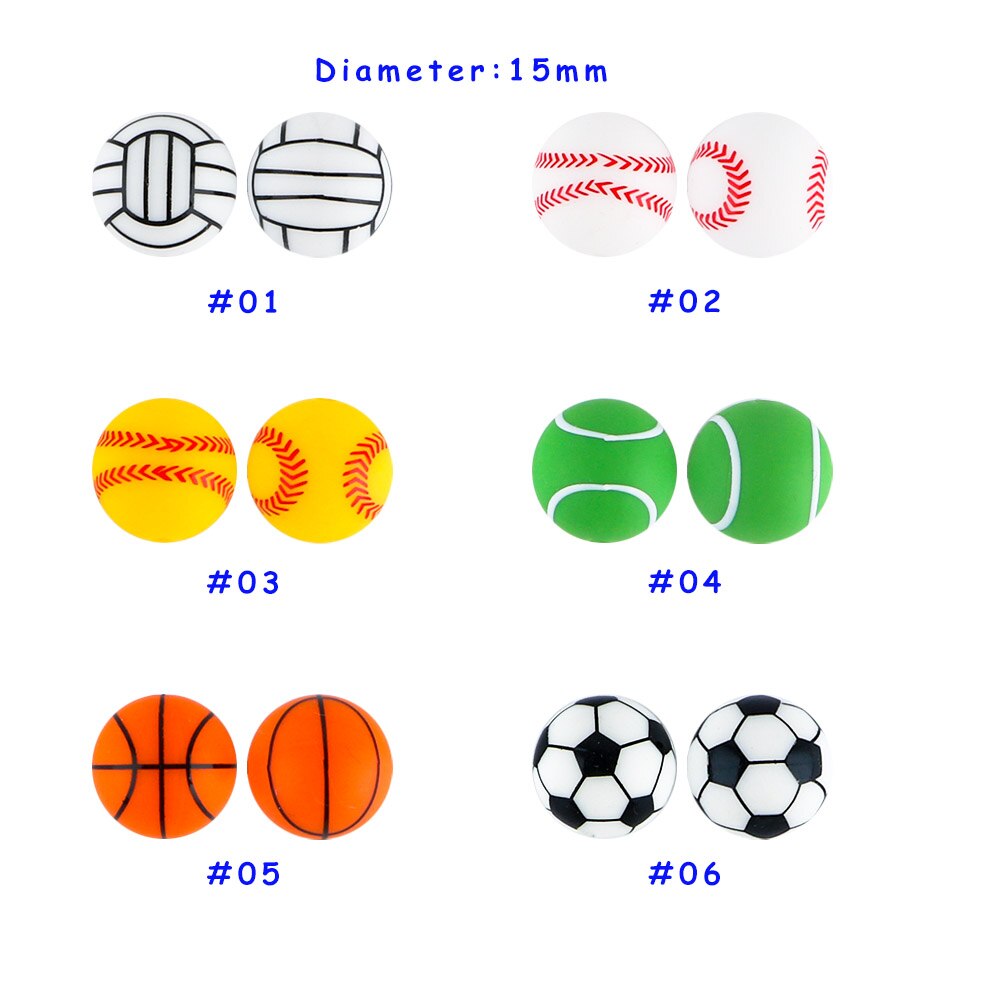 20Pcs/Lot New Printed Silicone Beads 15mm Baseball Tennis Basketball Beads For Jewelry Making DIY Necklace Jewelry Accessorie