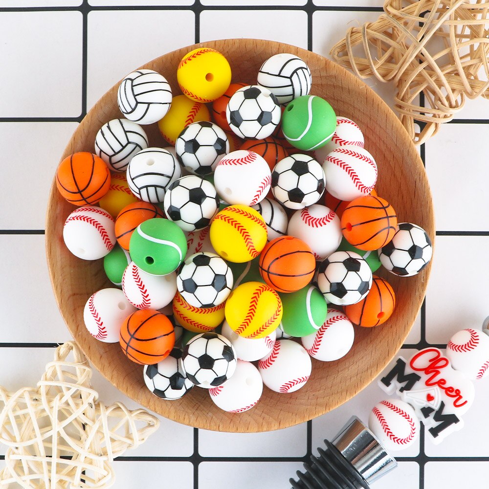 20Pcs/Lot New Printed Silicone Beads 15mm Baseball Tennis Basketball Beads For Jewelry Making DIY Necklace Jewelry Accessorie