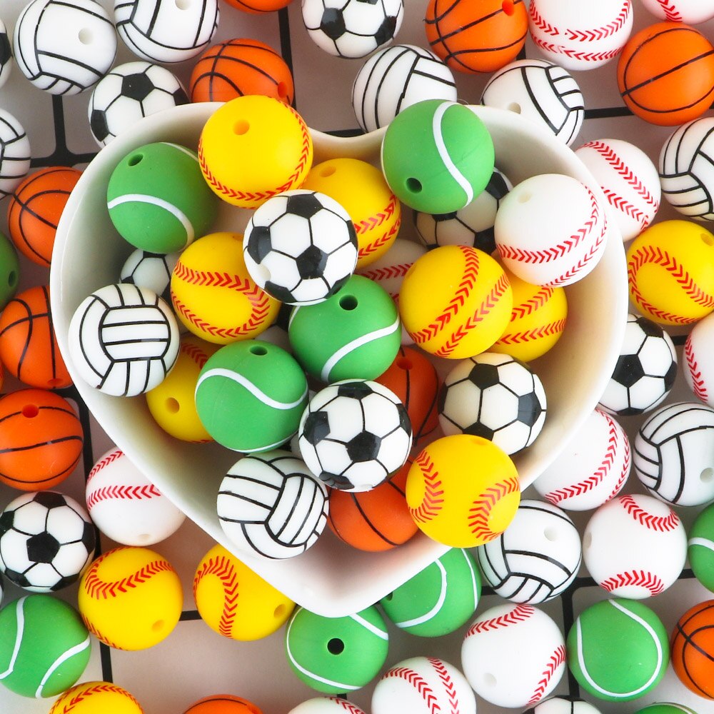 20Pcs/Lot New Printed Silicone Beads 15mm Baseball Tennis Basketball Beads For Jewelry Making DIY Necklace Jewelry Accessorie