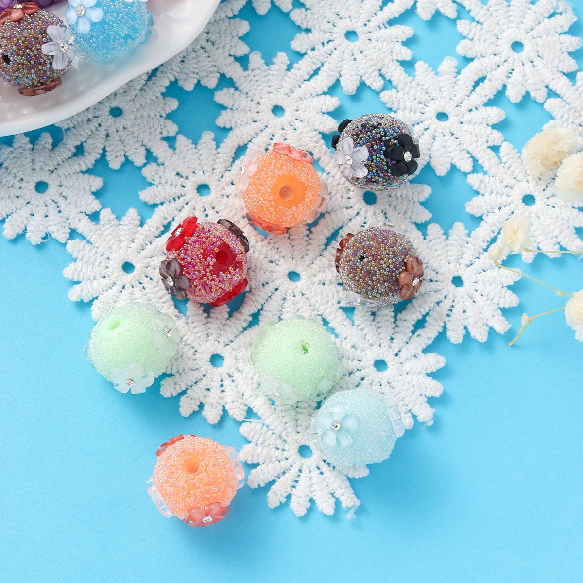 10pcs random color cherry blossom drill straight hole handmade round beads cute wind DIY bracelet mobile phone chain accessories