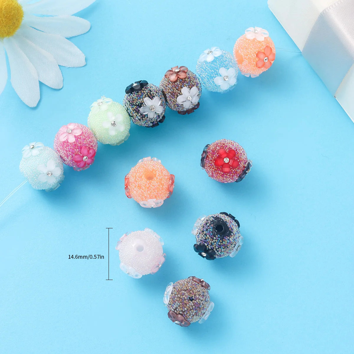 10pcs random color cherry blossom drill straight hole handmade round beads cute wind DIY bracelet mobile phone chain accessories
