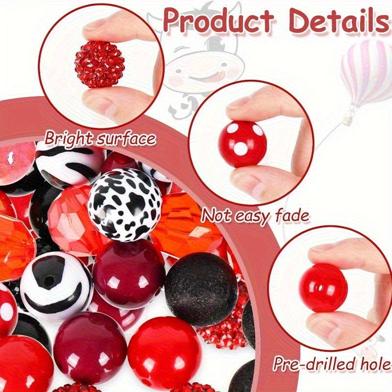 100pcs 20mm Red Cow Beads Set 12 Styles Mixed Bubblegum Beads Red and Black Spacer Beads Chunky Jumbo Plastic Beads for DIY Beadable Pens Keychains and Other Beadable Items Jewelry Making Crafts Boutique Supplies