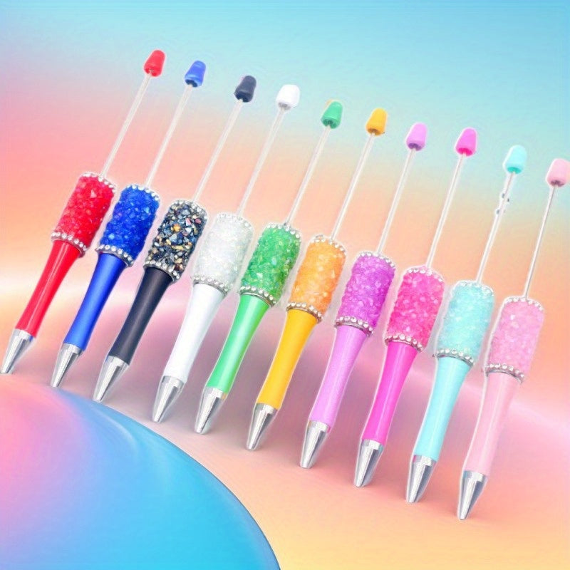 10pcs Beadable Ballpoint Pens Set - DIY Crystal Bead Craft Pens, Twist Closure, Medium Point, Oval-Shaped Plastic Body, Suitable for Ages 14+