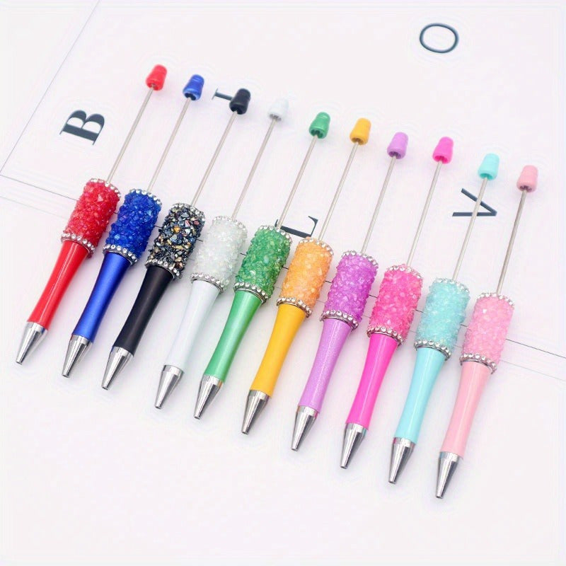 10pcs Beadable Ballpoint Pens Set - DIY Crystal Bead Craft Pens, Twist Closure, Medium Point, Oval-Shaped Plastic Body, Suitable for Ages 14+