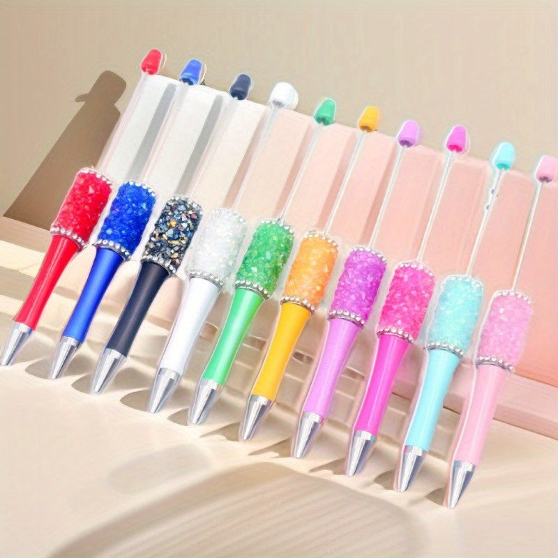 10pcs Beadable Ballpoint Pens Set - DIY Crystal Bead Craft Pens, Twist Closure, Medium Point, Oval-Shaped Plastic Body, Suitable for Ages 14+