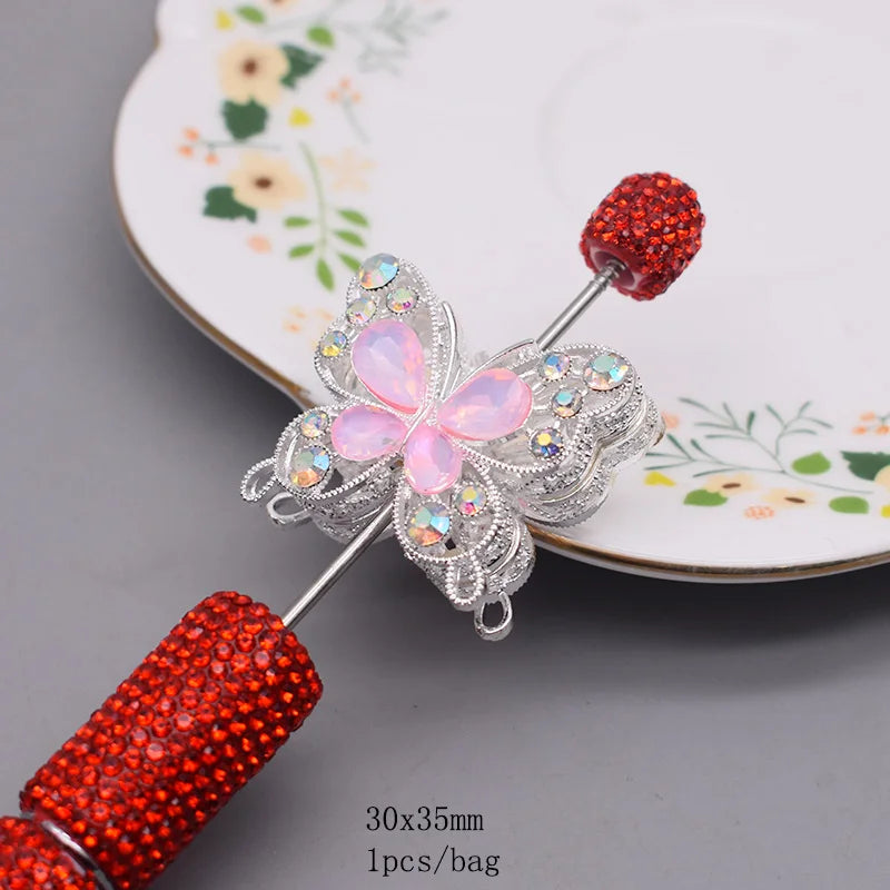 10pcs /bag Creative Glitter Metal Alloy Pink Purple Rhinestone Butterfly Beads for Jewelry Making DIY Bead Pen Accessories