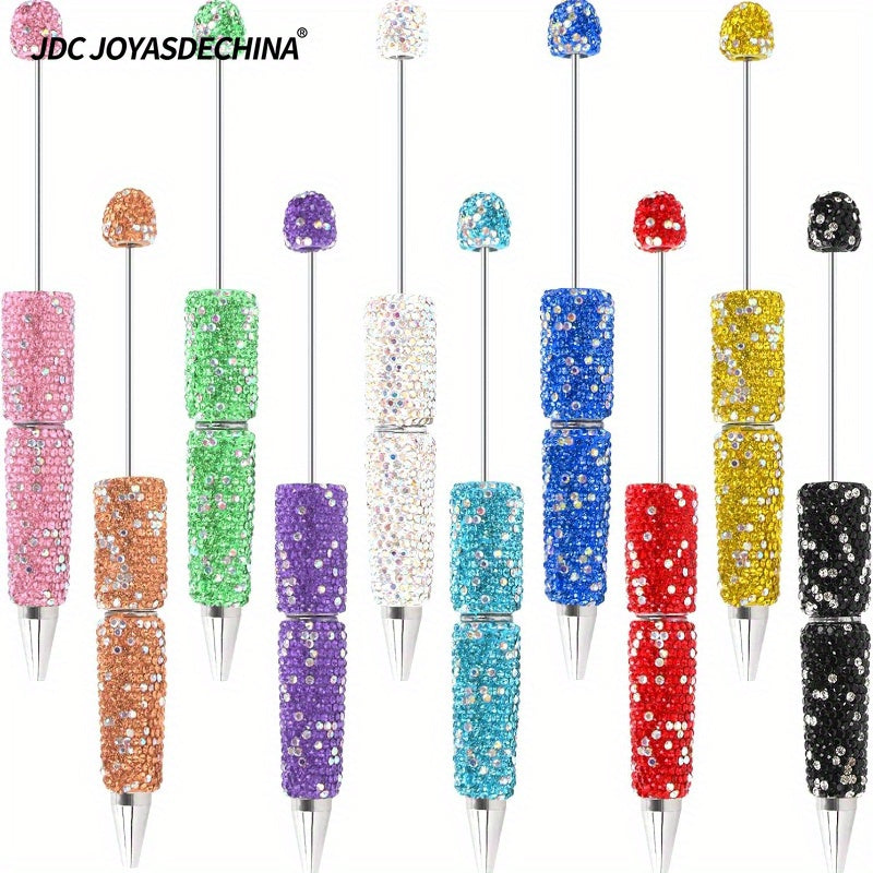 10pcs Glitter Beadable Pen Full Rhinestone Plastic Bead Ballpoint Pen Multicolor Fun Bling Retractable Beaded Writing Pen for DIY Craft Office Supplies