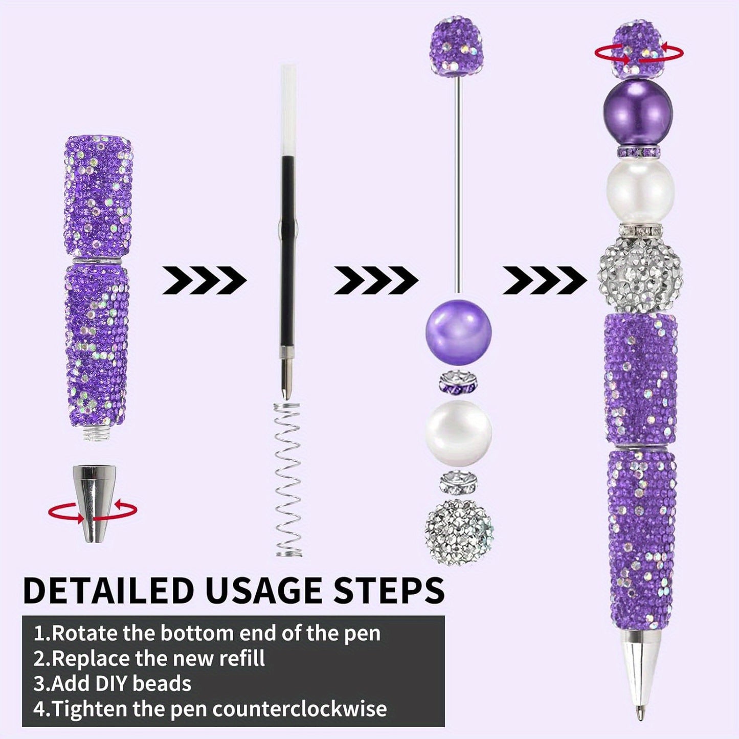10pcs Glitter Beadable Pen Full Rhinestone Plastic Bead Ballpoint Pen Multicolor Fun Bling Retractable Beaded Writing Pen for DIY Craft Office Supplies