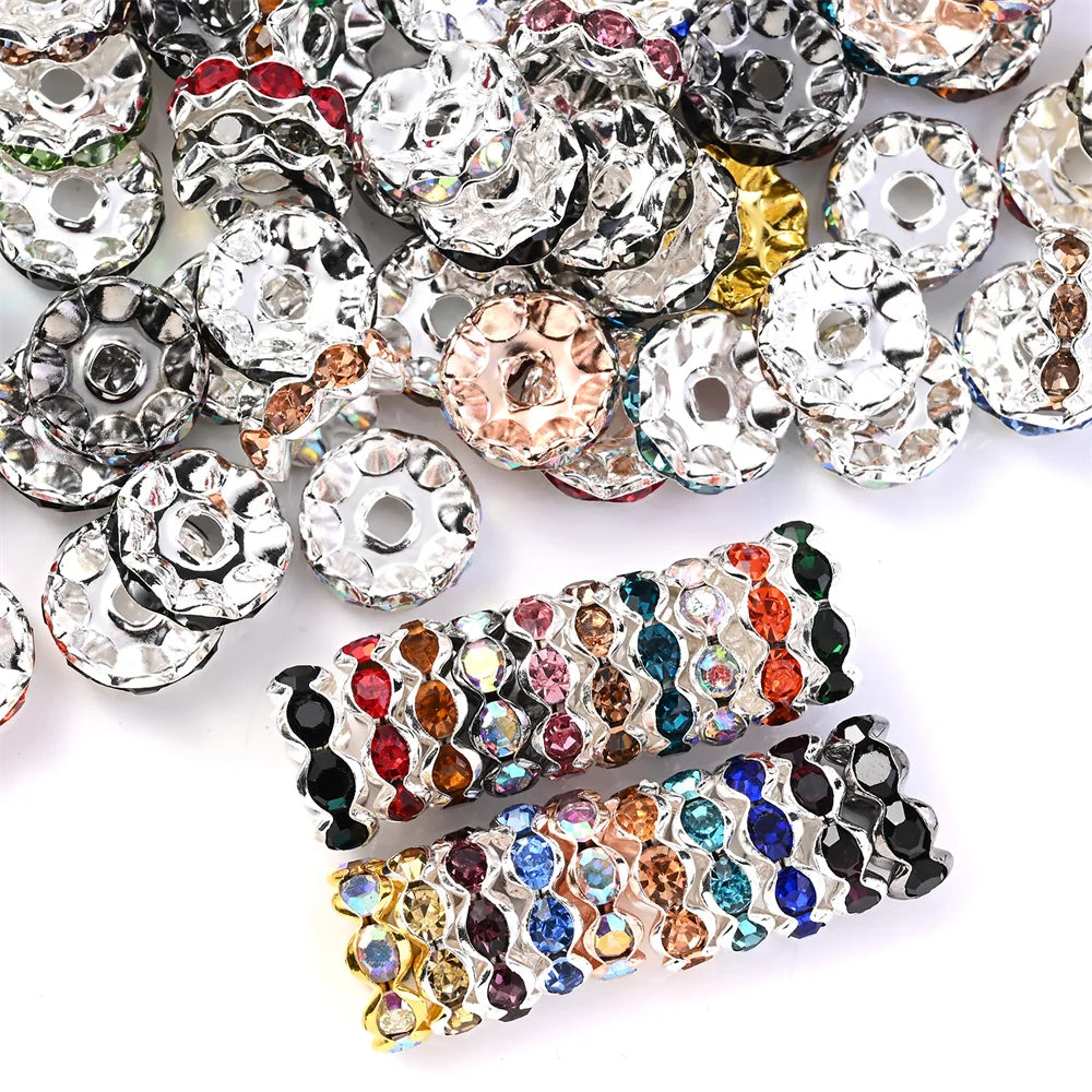 30Pcs 12mm Alloy Wave Edge Rhinestone Beads Multicolor Round Crystal Loose Spacer Beads For Jewelry Making Diy Pen Accessories