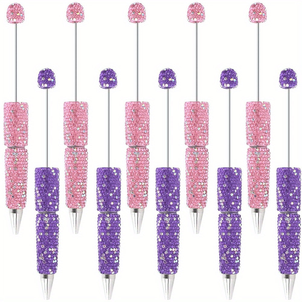 10pcs Glitter Beadable Pen Full Rhinestone Plastic Bead Ballpoint Pen Multicolor Fun Bling Retractable Beaded Writing Pen for DIY Craft Office Supplies