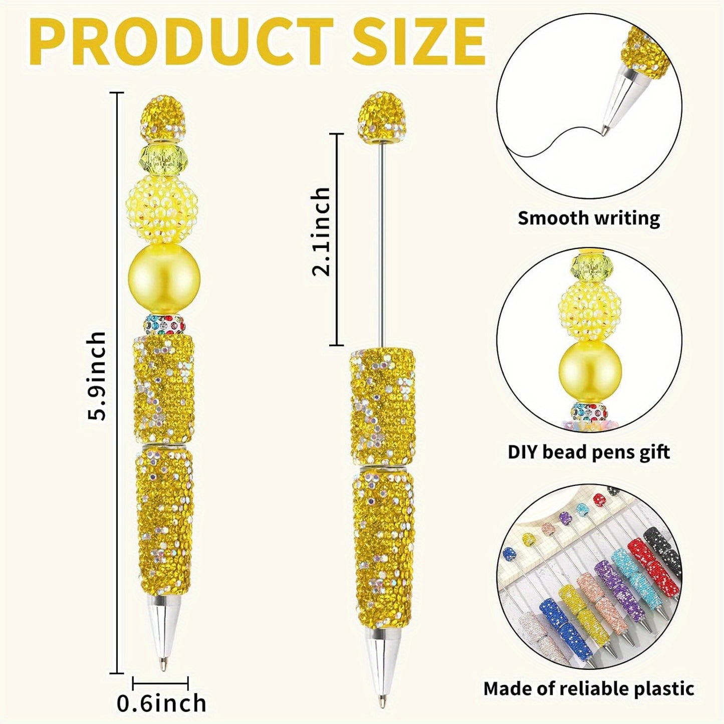 10pcs Glitter Beadable Pen Full Rhinestone Plastic Bead Ballpoint Pen Multicolor Fun Bling Retractable Beaded Writing Pen for DIY Craft Office Supplies
