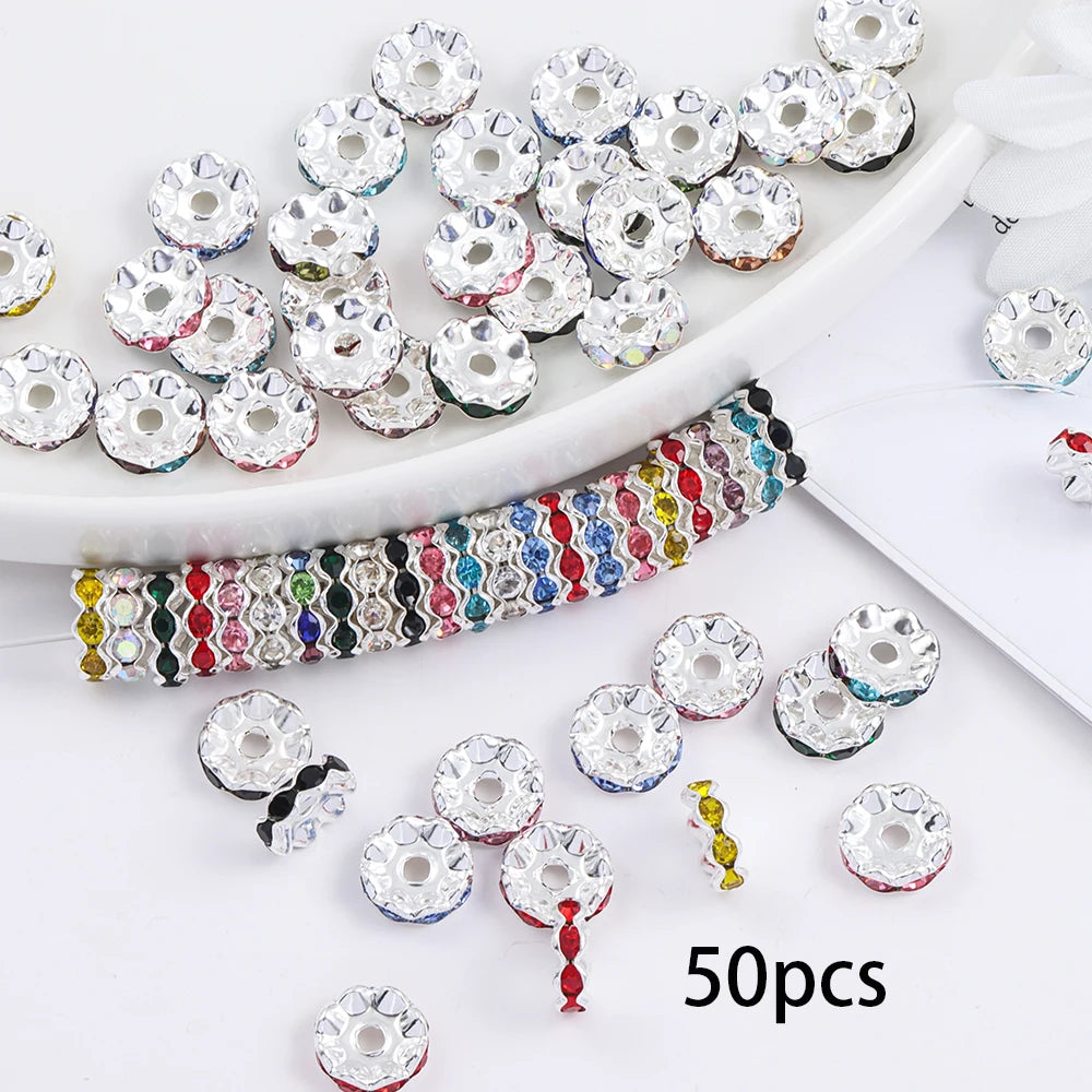 50pcs 12mm Rhinestone Alloy Spacers Colorful Wavy Beads For Jewelry Making, DIY Bracelet Necklace Craft Supplies Decorative