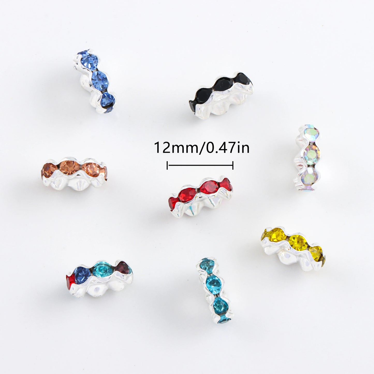 50pcs 12mm Rhinestone Alloy Spacers Colorful Wavy Beads For Jewelry Making, DIY Bracelet Necklace Craft Supplies Decorative
