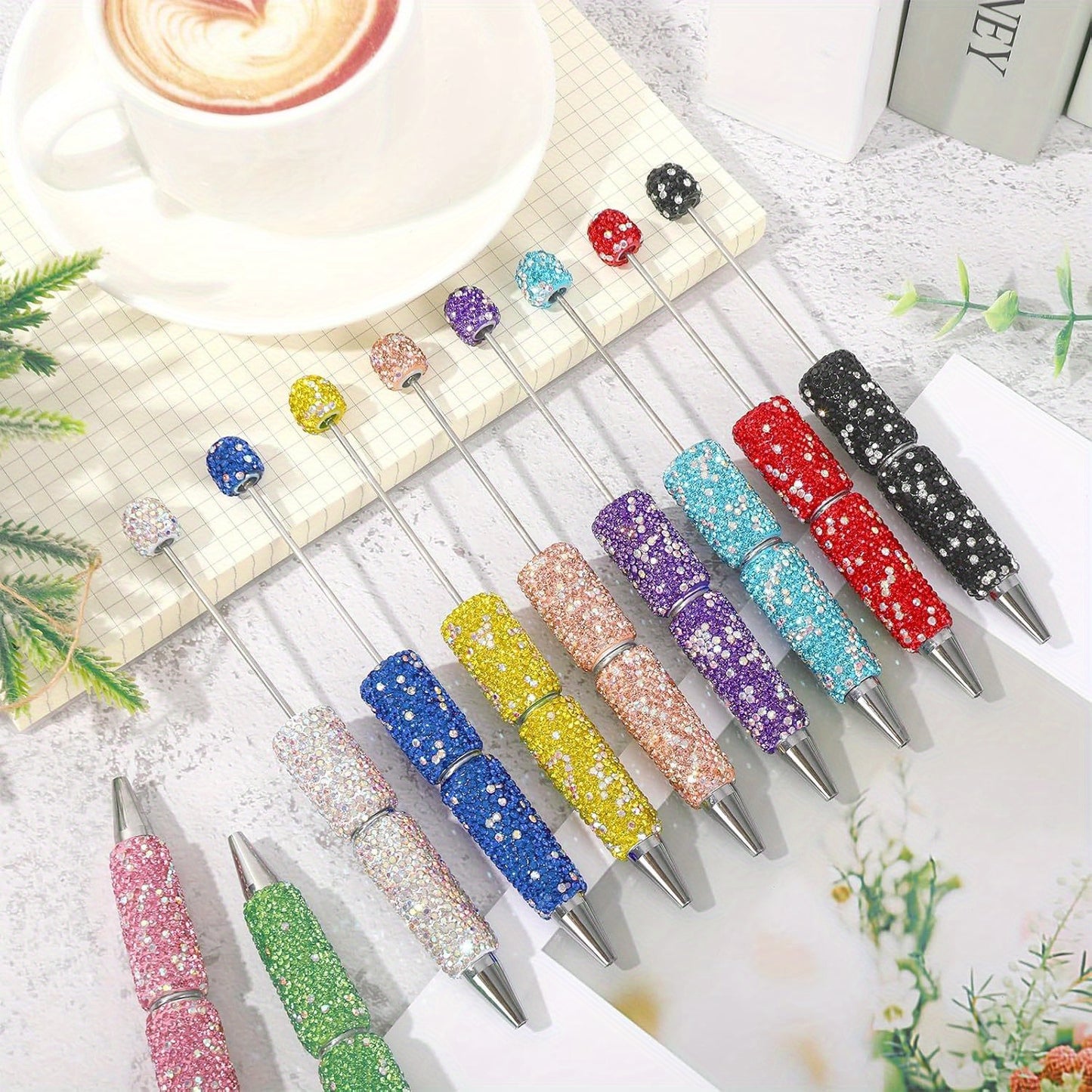 10pcs Glitter Beadable Pen Full Rhinestone Plastic Bead Ballpoint Pen Multicolor Fun Bling Retractable Beaded Writing Pen for DIY Craft Office Supplies