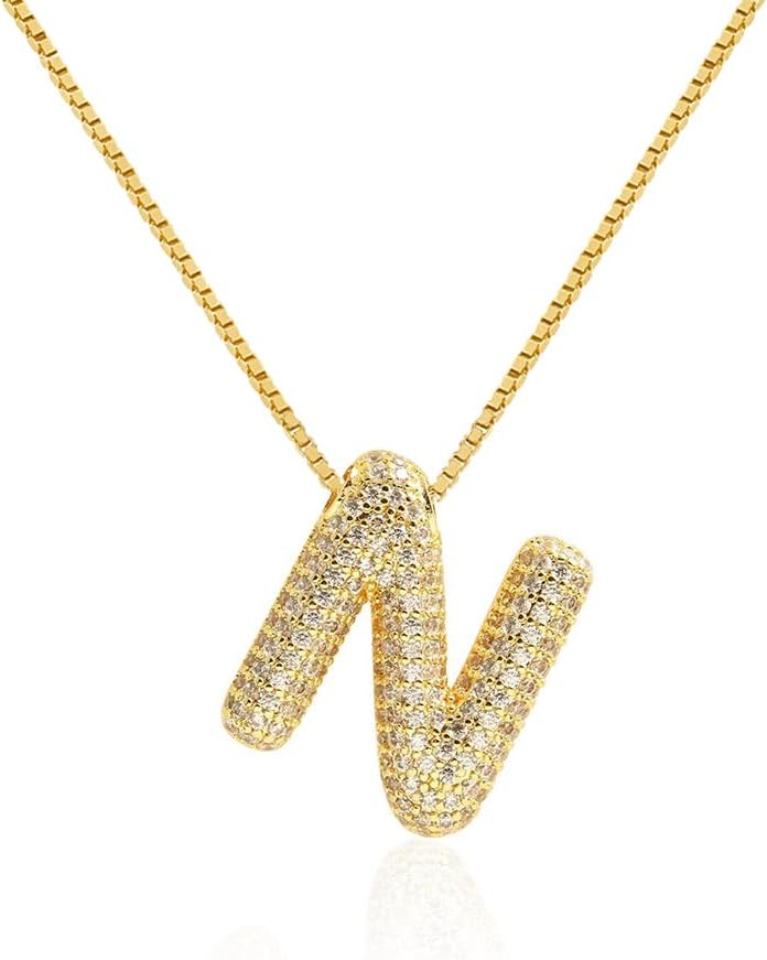 Bubble Letter Necklace Balloon Initial Necklaces for Women Dainty Alphabet Pendant 14K Gold Plated Puffy Name Personalized Jewelry