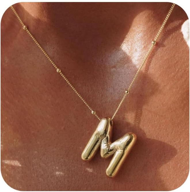 Bubble Letter Necklace Gold for Women,14K Gold Plated Bubble initial Necklace Layered Gold Initial Necklaces for Women Trendy Dainty Chunky Charm Name Necklace Gold Jewelry Set Gifts for her