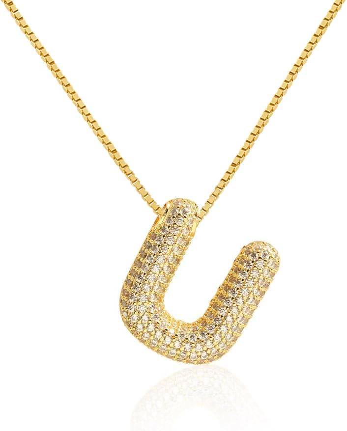 Bubble Letter Necklace Balloon Initial Necklaces for Women Dainty Alphabet Pendant 14K Gold Plated Puffy Name Personalized Jewelry