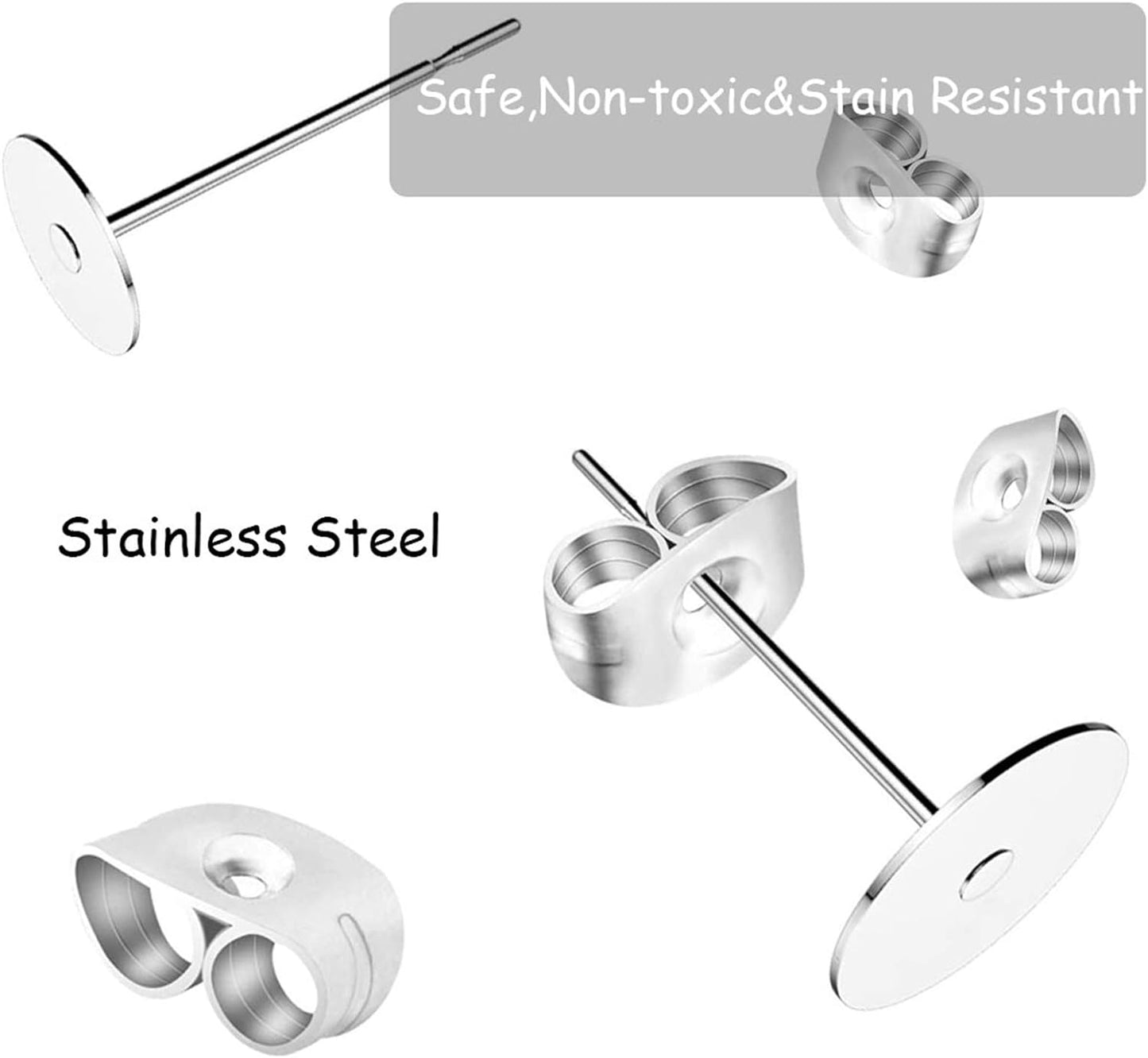 450PCS Earring Posts Stainless Steel Flat Pad,Hypoallergenic Stud Earrings with Butterfly and Rubber Bullet Earring Backs for Jewelry DIY Making Findings (Silver) (Silver)