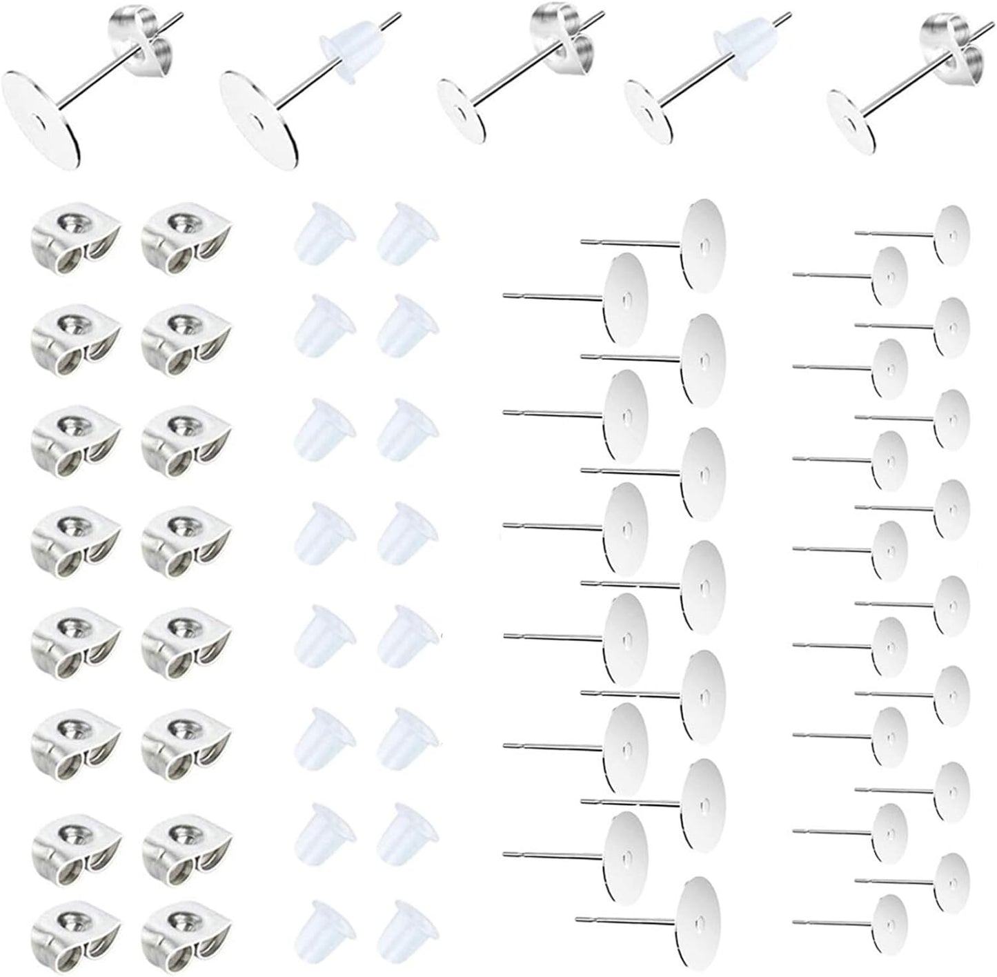 450PCS Earring Posts Stainless Steel Flat Pad,Hypoallergenic Stud Earrings with Butterfly and Rubber Bullet Earring Backs for Jewelry DIY Making Findings (Silver) (Silver)