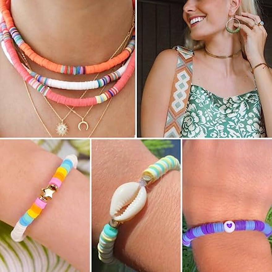 6000 Pcs Clay Beads for Bracelet Making, 24 Colors Flat Round Polymer Clay Beads 6mm Spacer Heishi Beads with Pendant Charms Kit and Elastic Strings for Jewelry Making Kit Bracelets Necklace
