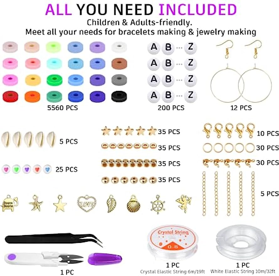 6000 Pcs Clay Beads for Bracelet Making, 24 Colors Flat Round Polymer Clay Beads 6mm Spacer Heishi Beads with Pendant Charms Kit and Elastic Strings for Jewelry Making Kit Bracelets Necklace