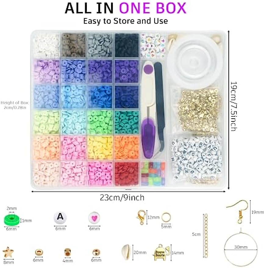 6000 Pcs Clay Beads for Bracelet Making, 24 Colors Flat Round Polymer Clay Beads 6mm Spacer Heishi Beads with Pendant Charms Kit and Elastic Strings for Jewelry Making Kit Bracelets Necklace