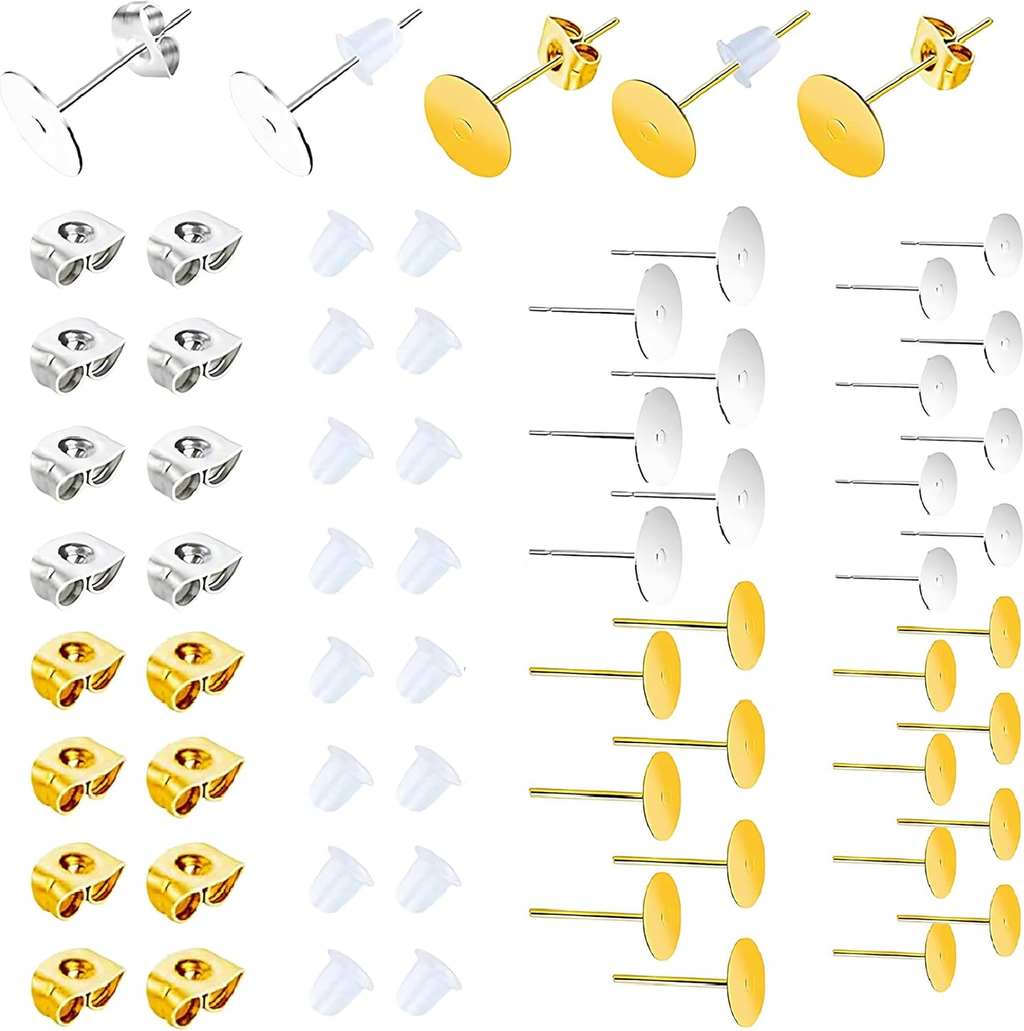 450PCS Earring Posts Stainless Steel Flat Pad,Hypoallergenic Stud Earrings with Butterfly and Rubber Bullet Earring Backs for Jewelry DIY Making Findings (Silver) (Silver)
