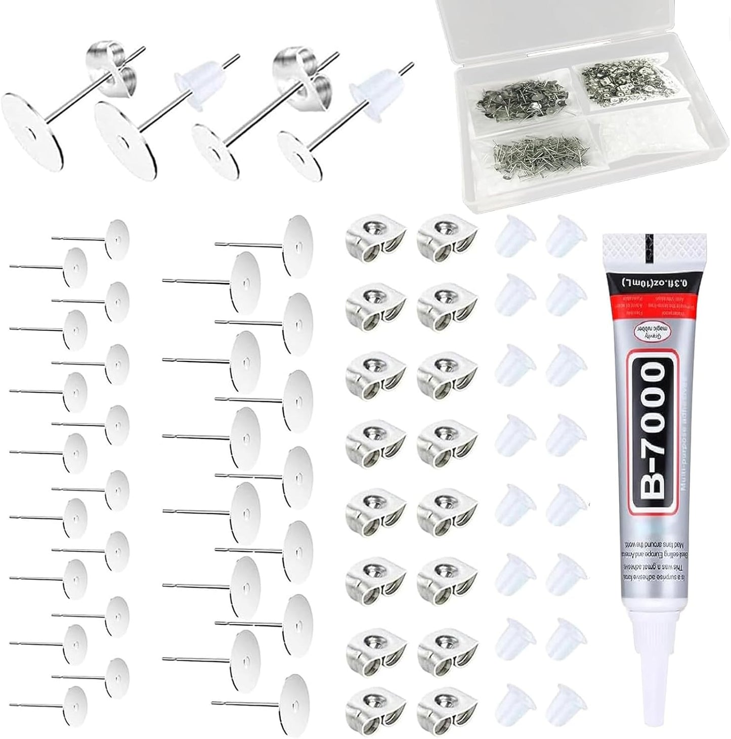 450PCS Earring Posts Stainless Steel Flat Pad,Hypoallergenic Stud Earrings with Butterfly and Rubber Bullet Earring Backs for Jewelry DIY Making Findings (Silver) (Silver)