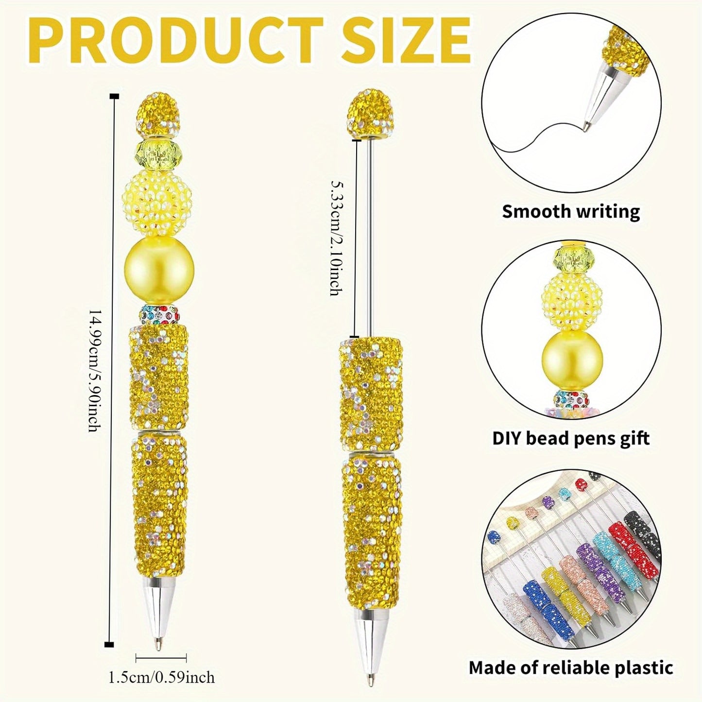 10pcs Glitter Beadable Pen Full Rhinestone Plastic Bead Ballpoint Pen Multicolor Fun Bling Retractable Beaded Writing Pen for DIY Craft Office Supplies