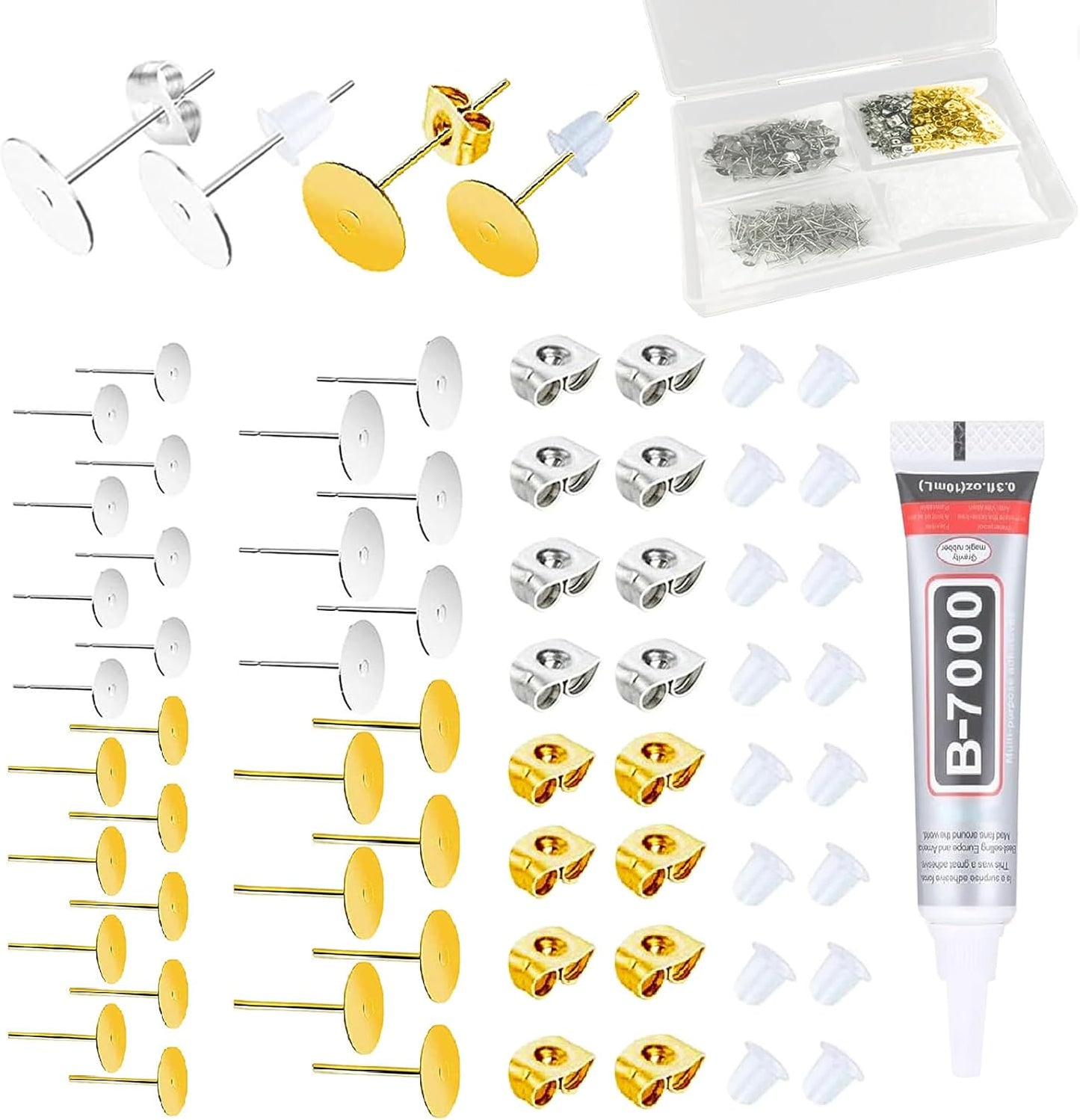450PCS Earring Posts Stainless Steel Flat Pad,Hypoallergenic Stud Earrings with Butterfly and Rubber Bullet Earring Backs for Jewelry DIY Making Findings (Silver) (Silver)