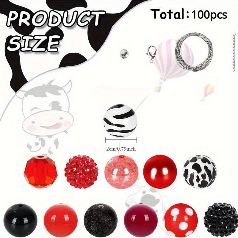 100pcs 20mm Red Cow Beads Set 12 Styles Mixed Bubblegum Beads Red and Black Spacer Beads Chunky Jumbo Plastic Beads for DIY Beadable Pens Keychains and Other Beadable Items Jewelry Making Crafts Boutique Supplies