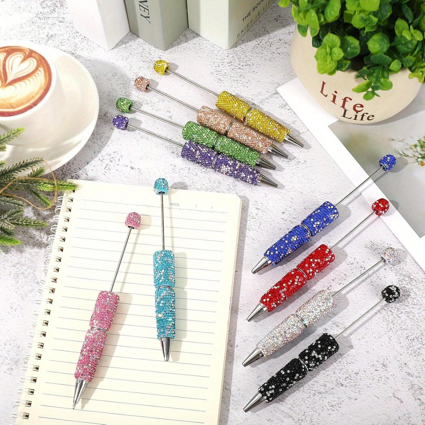 10pcs Glitter Beadable Pen Full Rhinestone Plastic Bead Ballpoint Pen Multicolor Fun Bling Retractable Beaded Writing Pen for DIY Craft Office Supplies
