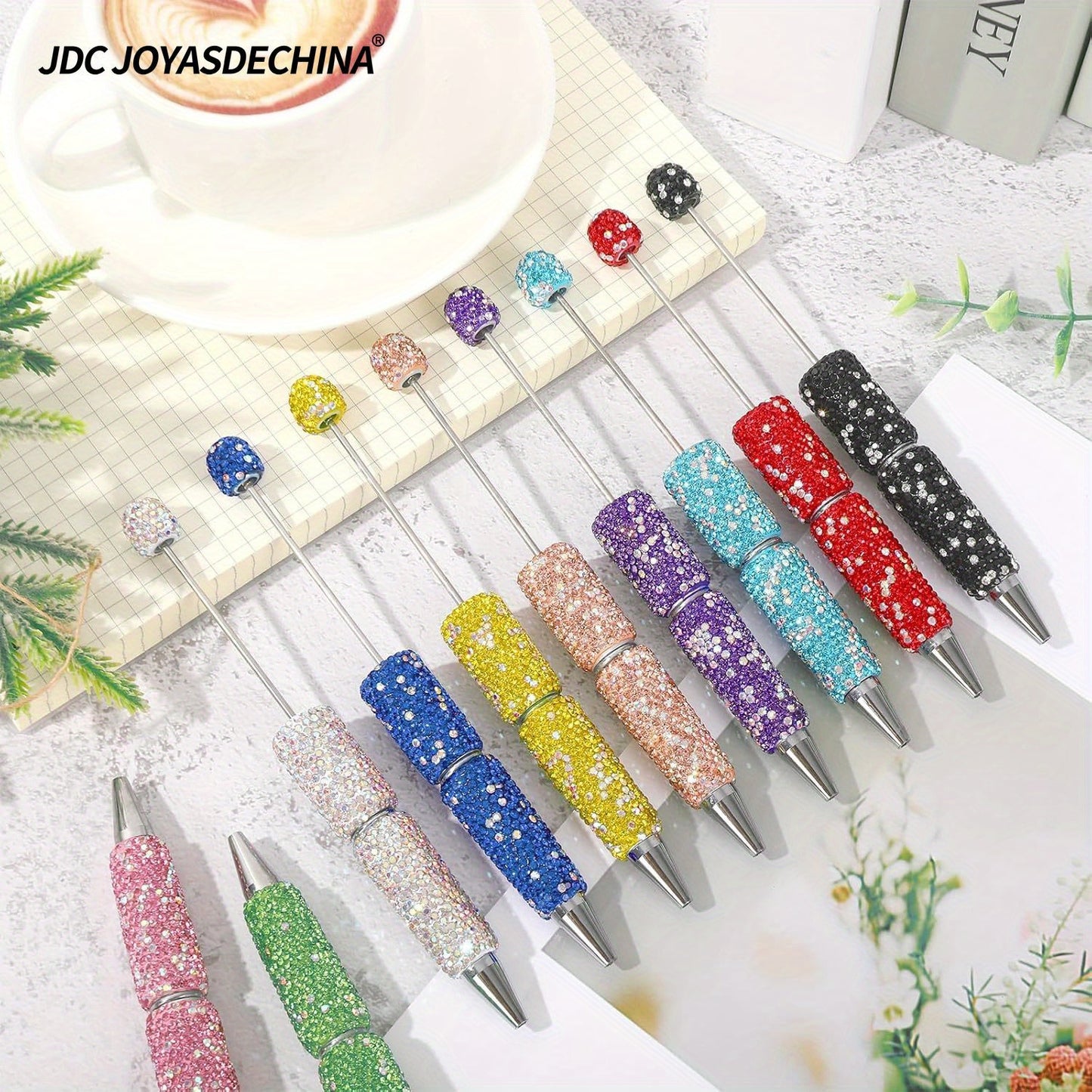 10pcs Glitter Beadable Pen Full Rhinestone Plastic Bead Ballpoint Pen Multicolor Fun Bling Retractable Beaded Writing Pen for DIY Craft Office Supplies