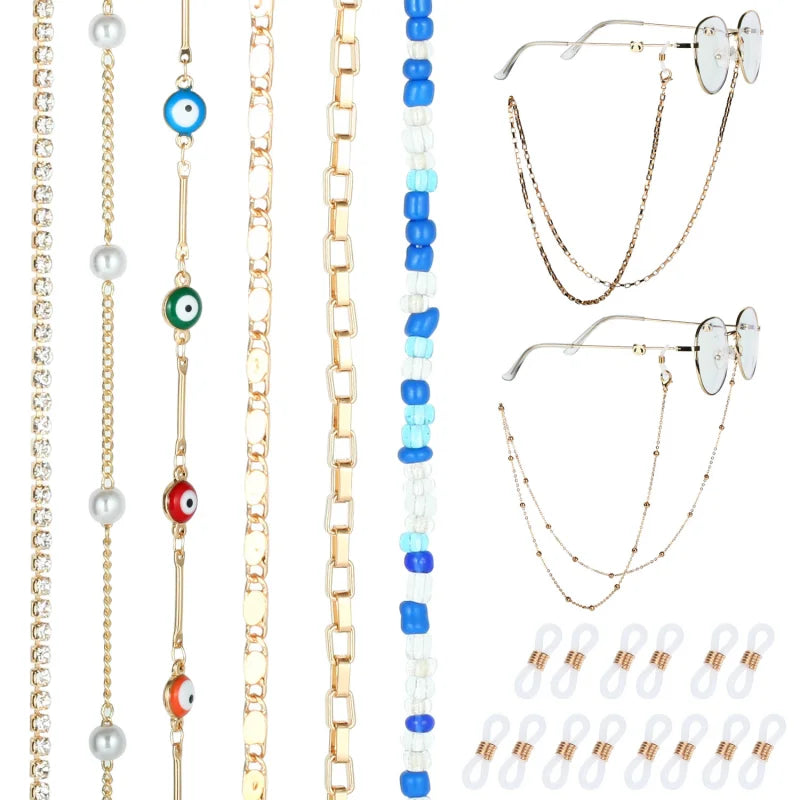 Fashion 6 Piece Set Women Glasses Chains Holder Cord Metal Acrylic Eyeglass Chain Anti-Drop Face-Mask Strap Sunglasses Lanyard