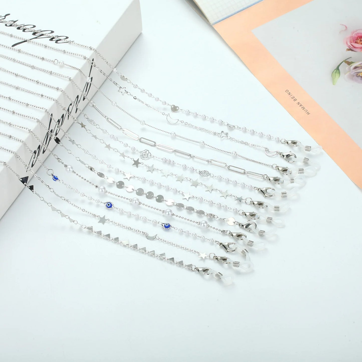 Fashion Metal Pearl Glasses Chain Silver Color Pentagram Round Piece Sunglass Holder Rope Non-Slip Eyeglasses Lanyard Cord Strap