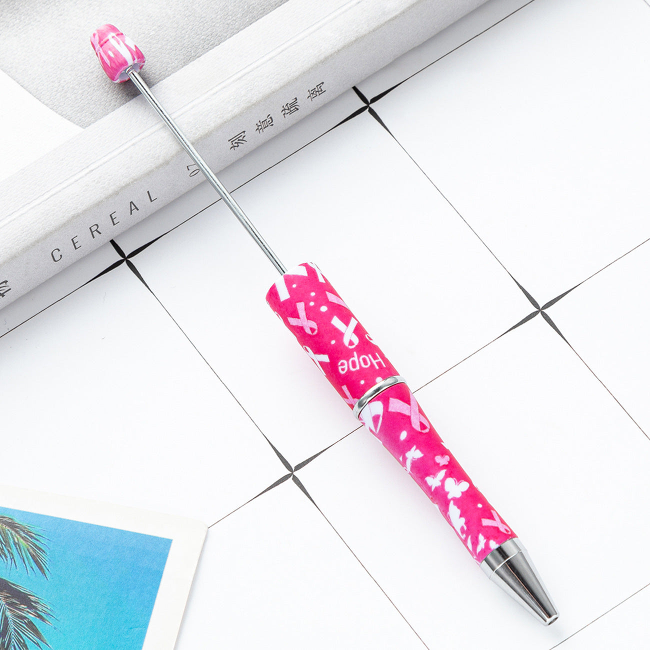 Diy plastic beaded pen creative handmade Leopard floral beaded pen wholesale high-value printed plastic beaded pen