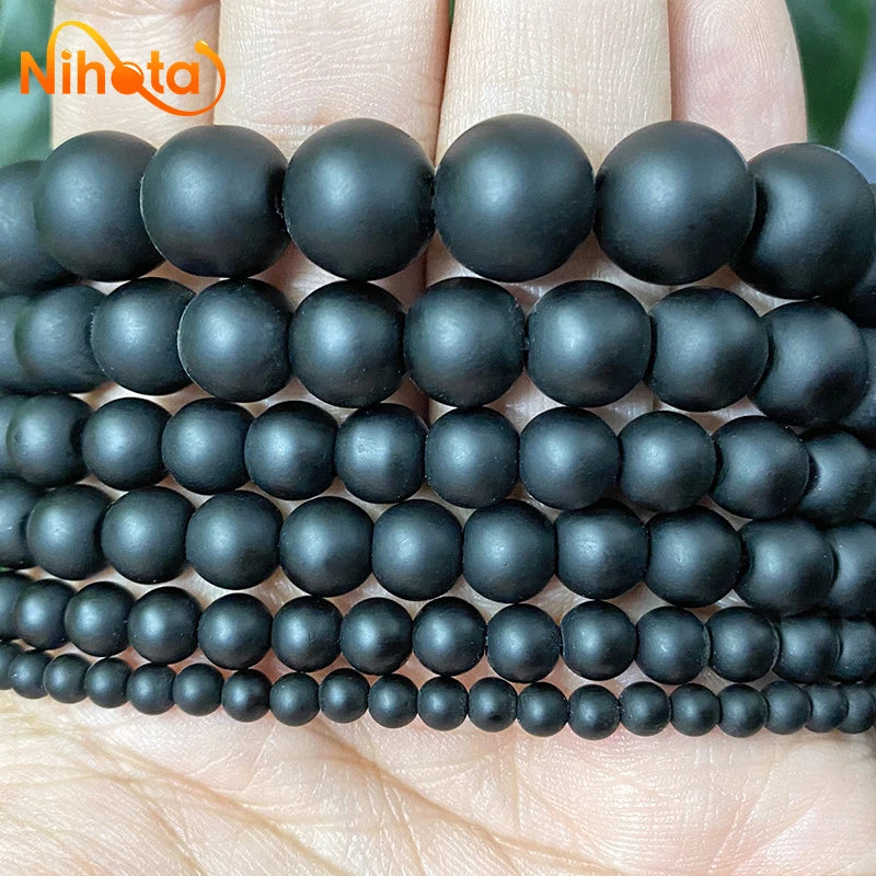 Natural Black Frosted Matte Round Loose Beads Diy Bracelet Earrings Accessories for Jewelry Making 4/6/8/10/12/14mm 15" Strand