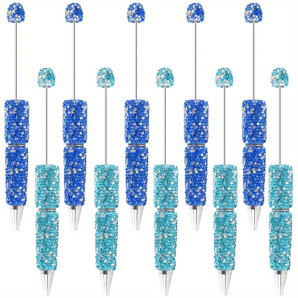 10pcs Glitter Beadable Pen Full Rhinestone Plastic Bead Ballpoint Pen Multicolor Fun Bling Retractable Beaded Writing Pen for DIY Craft Office Supplies