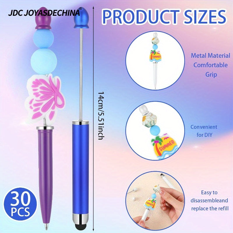 30pcs Beaded Pens with Stylus Tips Plastic Beaded DIY Stylus 2-in-1 for Rubber Touch Screen Handwriting Ballpoint Pen 1.0mm, Black Ink, Office Supplies (Colorful)