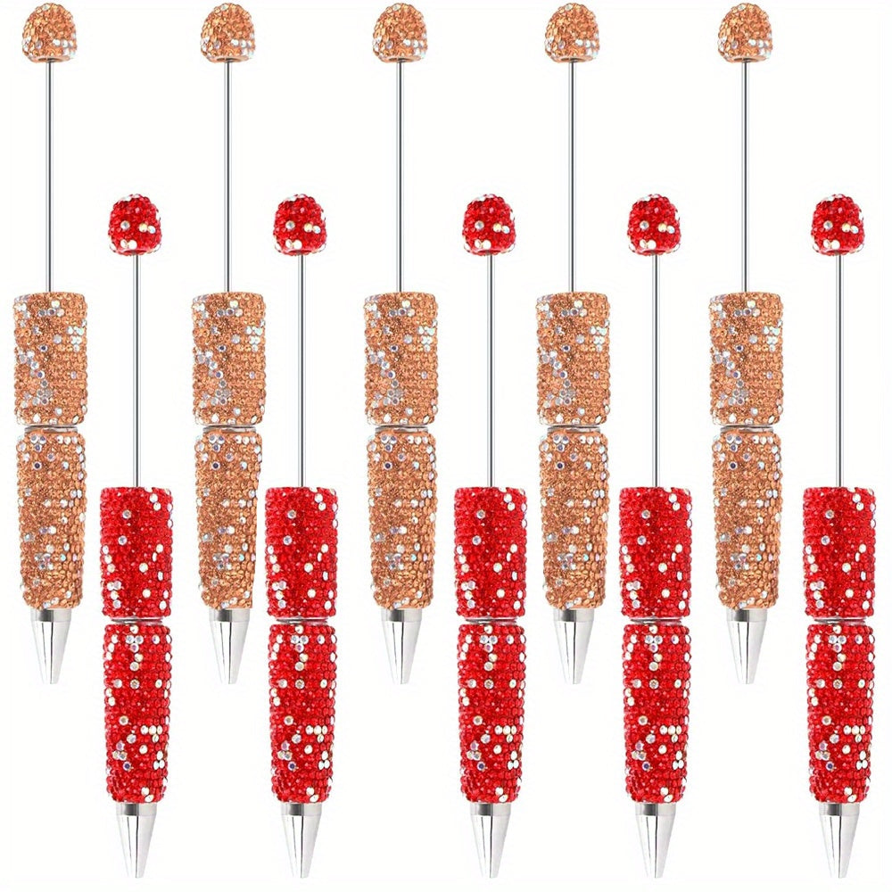 10pcs Glitter Beadable Pen Full Rhinestone Plastic Bead Ballpoint Pen Multicolor Fun Bling Retractable Beaded Writing Pen for DIY Craft Office Supplies