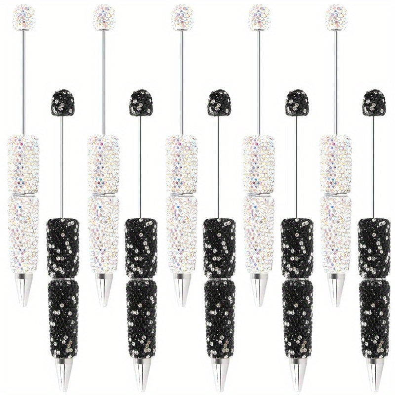 10pcs Glitter Beadable Pen Full Rhinestone Plastic Bead Ballpoint Pen Multicolor Fun Bling Retractable Beaded Writing Pen for DIY Craft Office Supplies