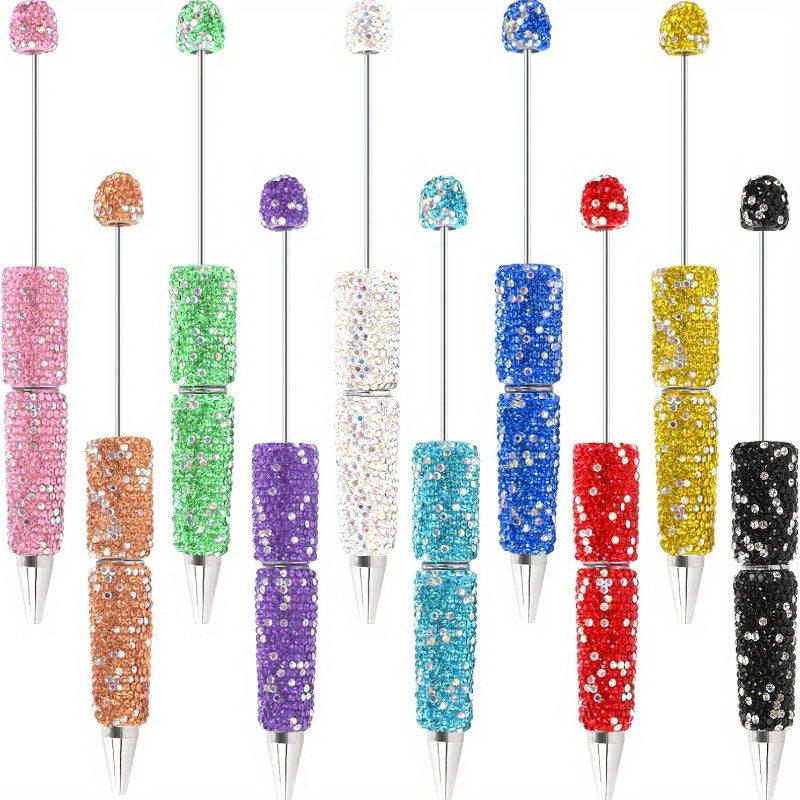 10pcs Glitter Beadable Pen Full Rhinestone Plastic Bead Ballpoint Pen Multicolor Fun Bling Retractable Beaded Writing Pen for DIY Craft Office Supplies