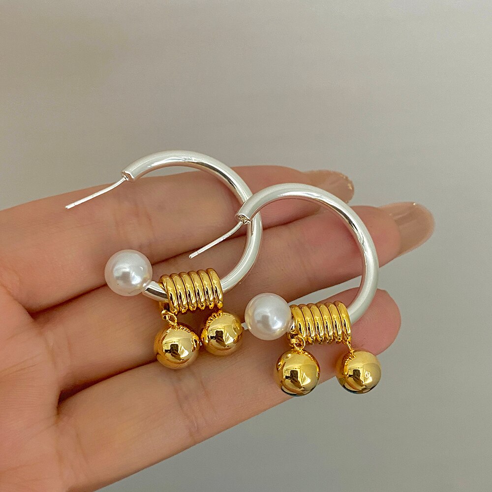 AENSOA Gold Silver Color Geometric Metal C Shape Hoop Earrings for Women Personality Twist Ball Pendant Pearl Fashion Earring