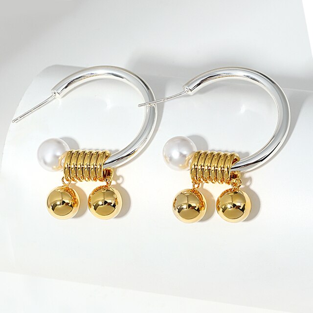 AENSOA Gold Silver Color Geometric Metal C Shape Hoop Earrings for Women Personality Twist Ball Pendant Pearl Fashion Earring