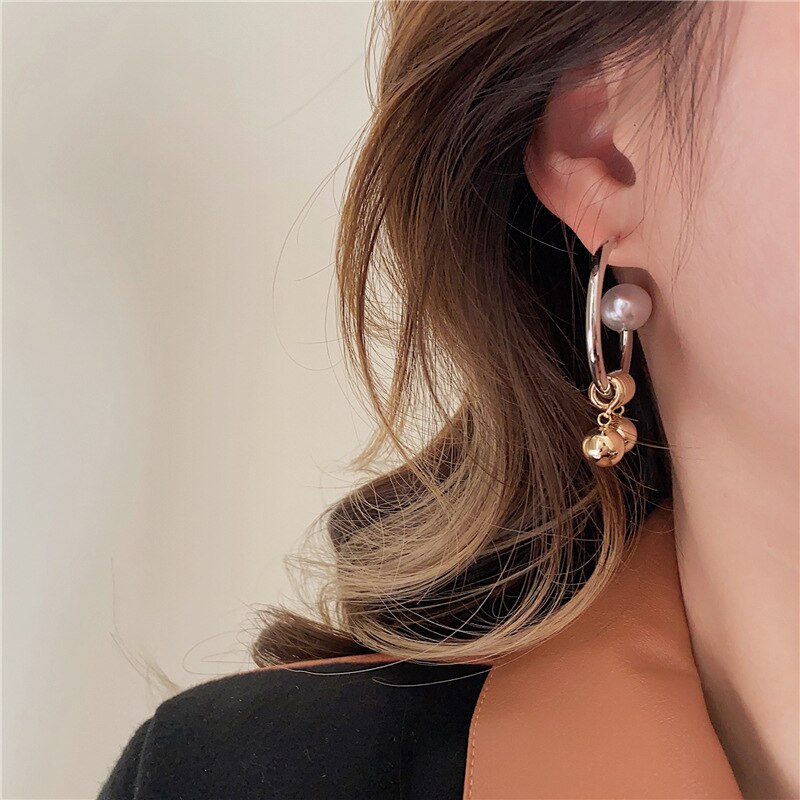 AENSOA Gold Silver Color Geometric Metal C Shape Hoop Earrings for Women Personality Twist Ball Pendant Pearl Fashion Earring