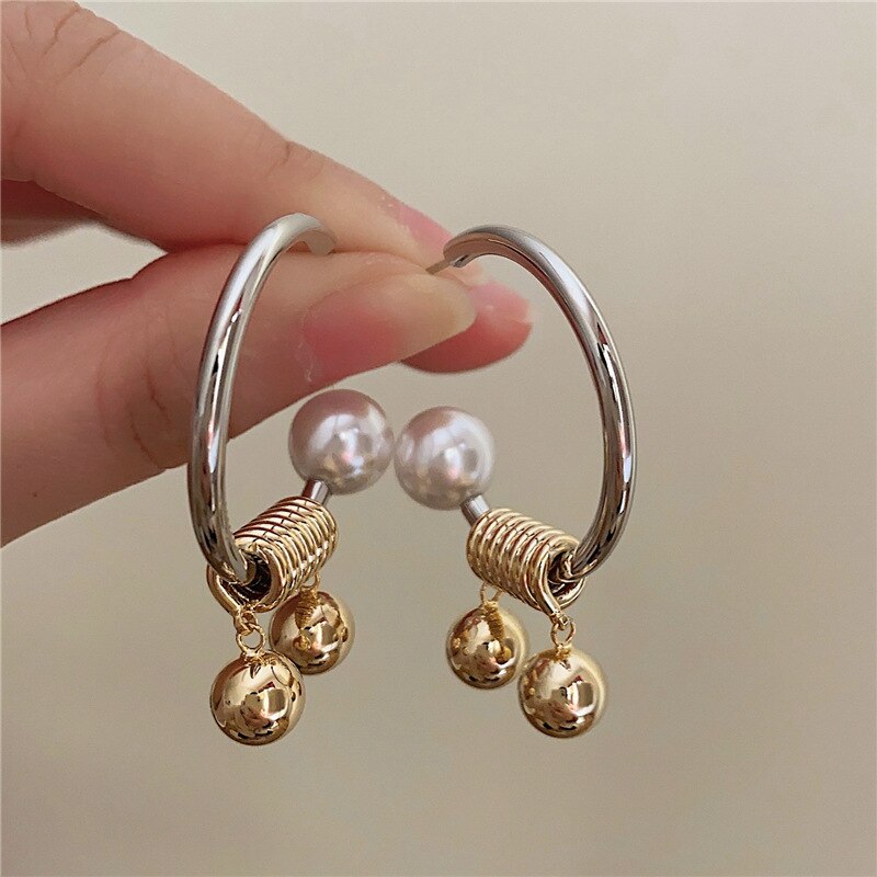 AENSOA Gold Silver Color Geometric Metal C Shape Hoop Earrings for Women Personality Twist Ball Pendant Pearl Fashion Earring