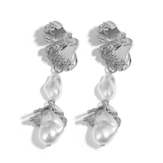 AENSOA Korean Vintage Floral Long Pearl Metal Drop Earrings for Women Fashion Irregular Pearl Earrings Bridal Wedding Jewelry