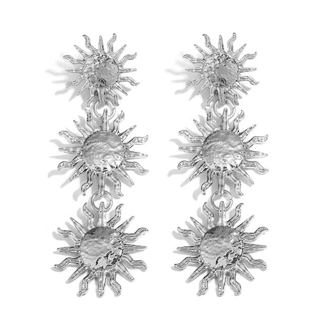 AENSOA Vintage Gold Silver Color Layered 3 Sunflower Long Drop Earrings for Woman Unique Metal Sun Shape Earring Party Jewelry